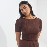 Short Sleeve Boat Neck Knit Top - Espresso
