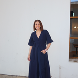 Gathered Sleeve Midi Dress - Navy