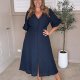 Gathered Sleeve Midi Dress - Navy