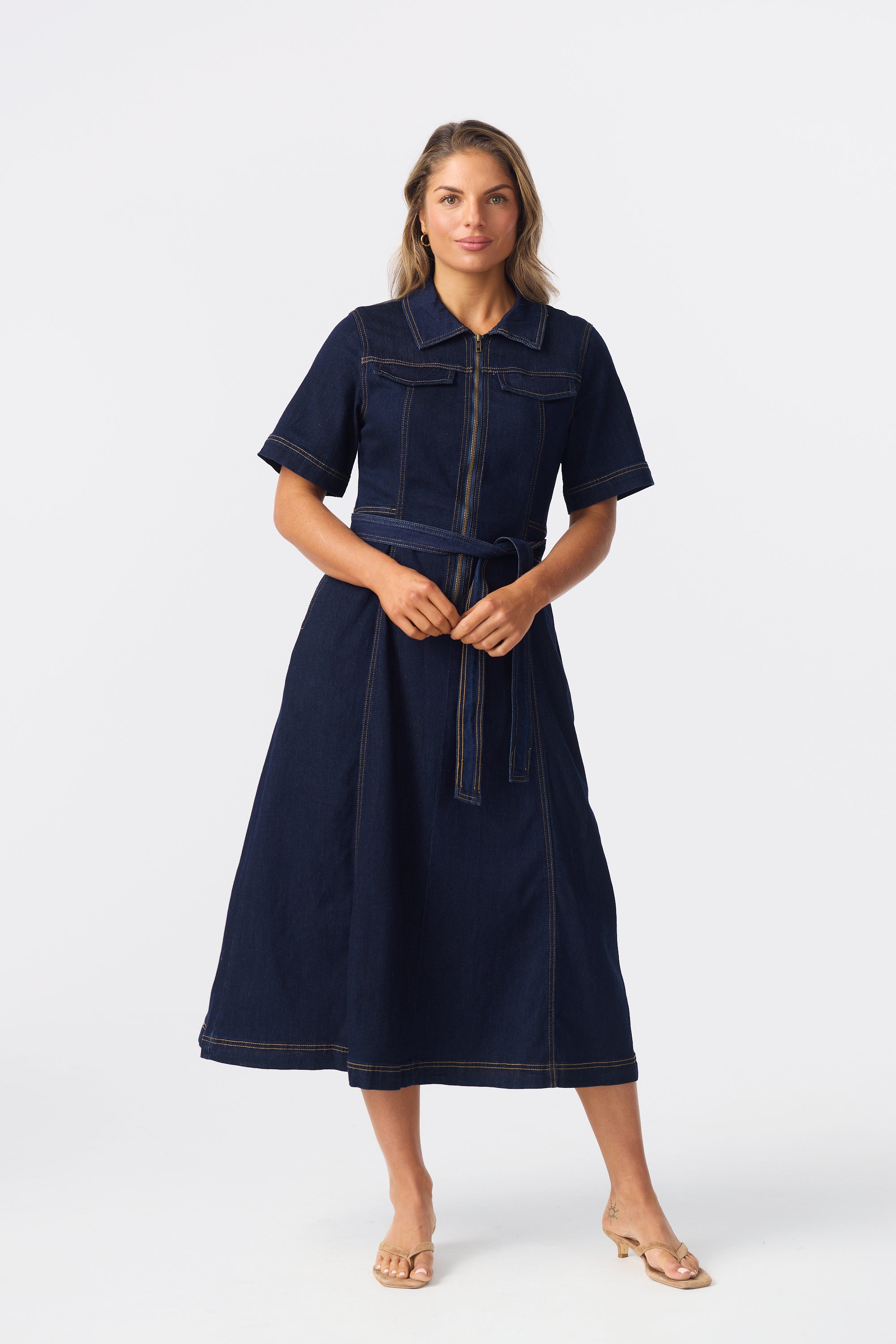 Short Sleeve Zip Denim Dress