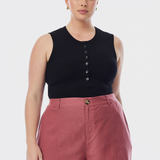 Half Placket Ribbed Tank - Black