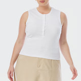 Half Placket Ribbed Tank - White
