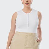 Half Placket Ribbed Tank - White
