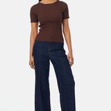 Short Sleeve Boat Neck Knit Top - Espresso