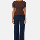 Short Sleeve Boat Neck Knit Top - Espresso