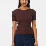 Short Sleeve Boat Neck Knit Top - Espresso