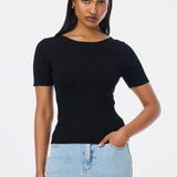 Short Sleeve Boat Neck Knit Top - Black