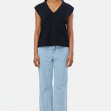 V-Neck Cap Sleeve Jersey Tank - Black