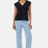 V-Neck Cap Sleeve Jersey Tank - Black