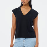 V-Neck Cap Sleeve Jersey Tank - Black