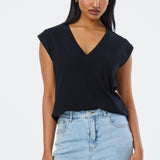 V-Neck Cap Sleeve Jersey Tank - Black