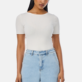 Short Sleeve Boat Neck Knit Top - White