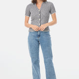 Short Sleeve Buttoned Knit Top - Navy Marl
