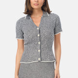 Short Sleeve Buttoned Knit Top - Navy Marl