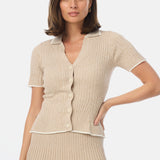 Short Sleeve Buttoned Knit Top - Almond Marl