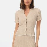 Short Sleeve Buttoned Knit Top - Almond Marl