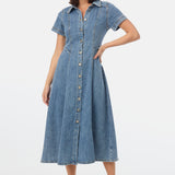 Denim Short Sleeve Midi Dress - Mid Blue Wash