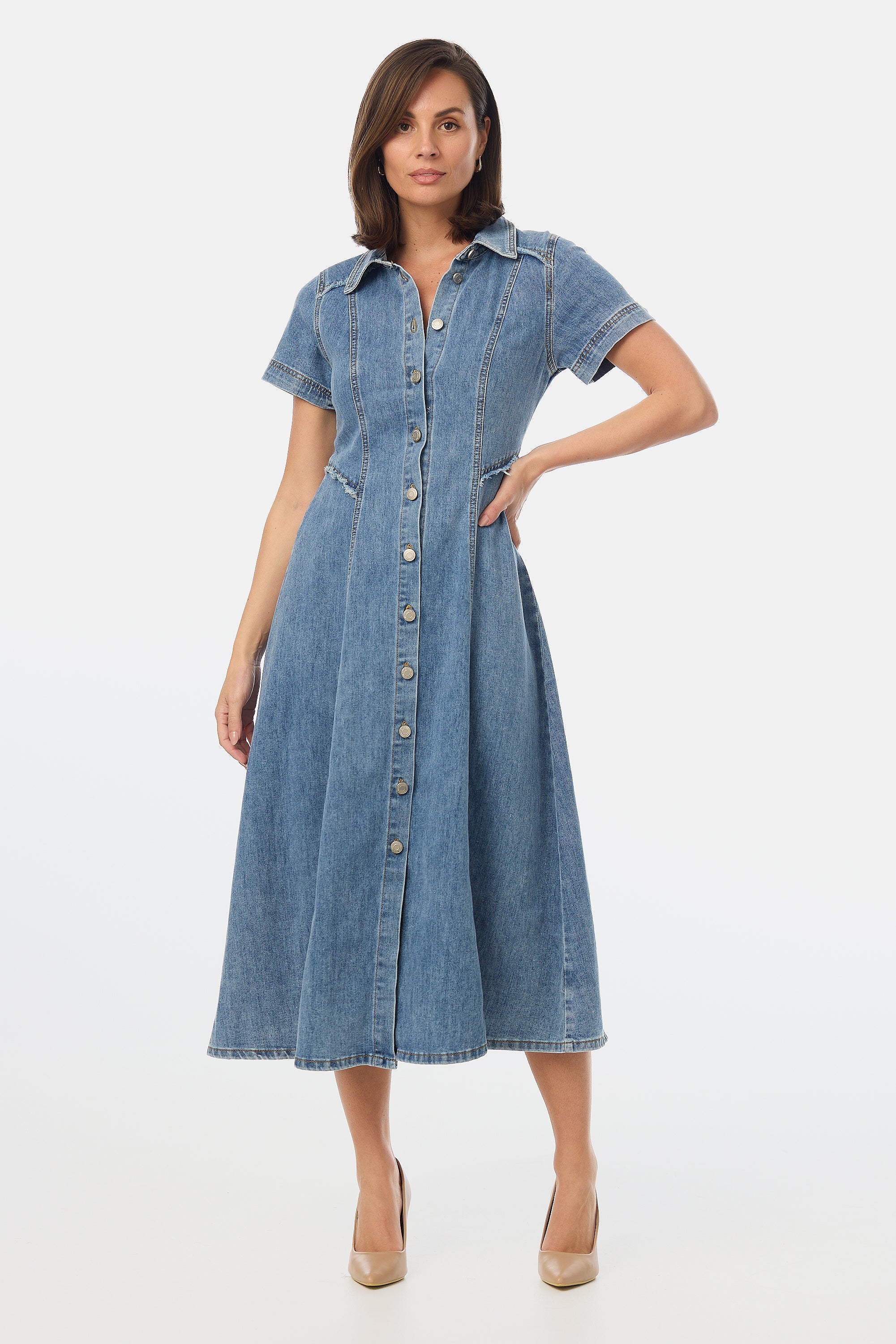 Denim Short Sleeve Midi Dress