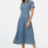 Denim Short Sleeve Midi Dress - Mid Blue Wash