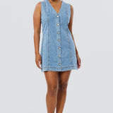 Denim Buttoned Mini Dress - Mid Blue Wash (Pre Order)