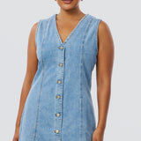 Denim Buttoned Mini Dress - Mid Blue Wash (Pre Order)
