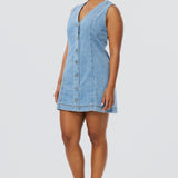Denim Buttoned Mini Dress - Mid Blue Wash (Pre Order)