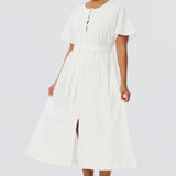 Pintuck Buttoned Midi Dress - White (Pre Order)
