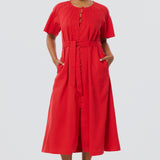 Pintuck Buttoned Midi Dress - Crimson (Pre Order)