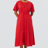Pintuck Buttoned Midi Dress - Crimson (Pre Order)