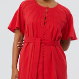 Pintuck Buttoned Midi Dress - Crimson (Pre Order)