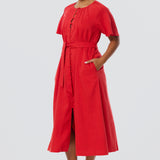 Pintuck Buttoned Midi Dress - Crimson (Pre Order)
