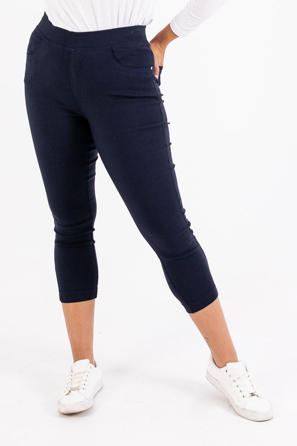 3/4 Side Split Woven Jeans- Navy