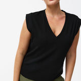 V-Neck Cap Sleeve Jersey Tank - Black