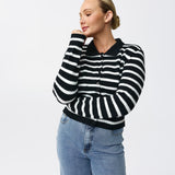Collared Knit Cardigan - Navy/White Stripe