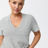 V Neck Relaxed T-Shirt - White / Black Stripe (Pre Order)