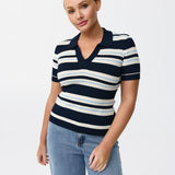 Polo Knit Top - Navy Stripe
