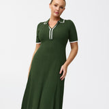 Zip Polo Knit Dress - Moss/White