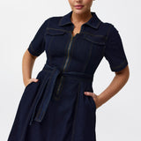 Short Sleeve Zip Denim Dress - Indigo