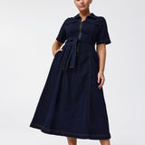 Short Sleeve Zip Denim Dress - Indigo