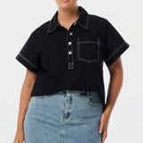 Half Placket Pocket Top - Black