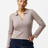 Zip Polo Knit Top - Taupe
