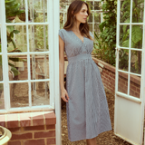 Gathered V Neck Midi Dress - Black/White Gingham