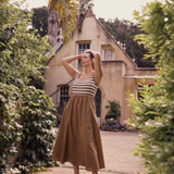 Square Neck Gathered Dress - Biscotti/White Stripe (Pre Order)