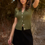 Short Sleeve Button Knit Top - Khaki Marl