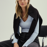 V Neck Long Sleeve Ribbed Top - Sky Blue Marl