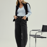 V Neck Long Sleeve Ribbed Top - Sky Blue Marl