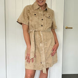 Denim Mini Dress - Washed Tan