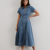 Denim Short Sleeve Midi Dress - Mid Blue Wash