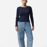 Long Sleeve Boat Neck Knit Top - Navy