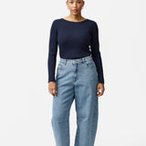 Long Sleeve Boat Neck Knit Top - Navy